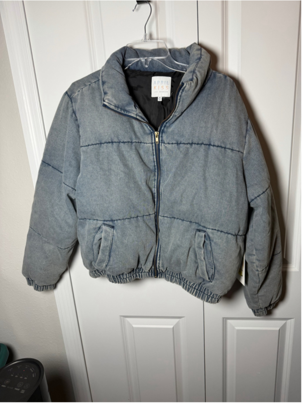 April Kiss Denim Puffer Jacket Size M Blue NWT